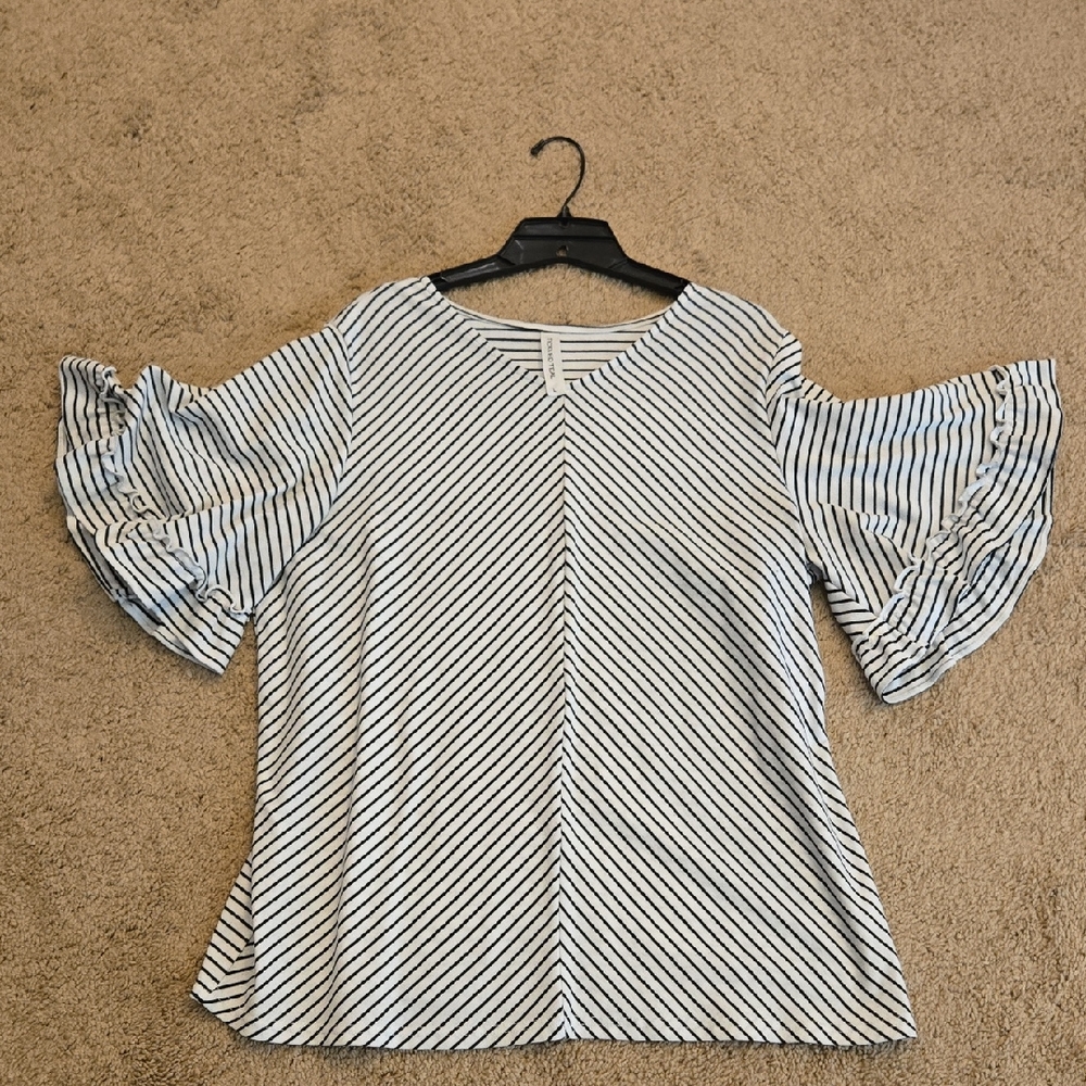 Tickled Teal Striped Women's Top with Ruffled Sleeves Large